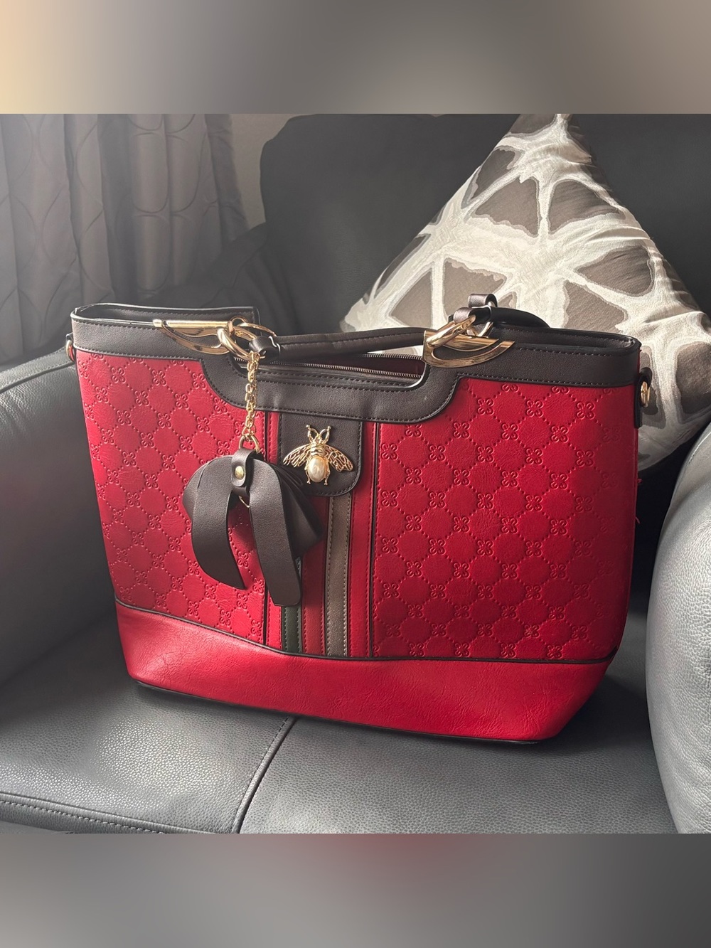 Red and Brown Tote Bag with Bee Charm